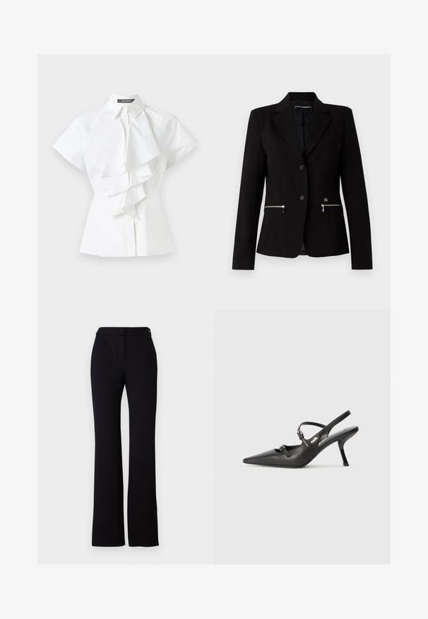 Čierny sakový blejzer s jednočlánkovým zapínaním, striebornými zipsovými vreckami a elegantným dizajnom. Vyrobený z hladkého, pevného materiálu.; Biela blúzka s golierom a krátkymi rukávmi. Stredom prechádzajú volantové detaily, vyrobená z hladkej bavlnenej látky.; Čierne nohavice so strihom do rovna, hladkým povrchom a pásom s jedným gombíkom na zapínanie. Žiadne viditeľné vzory ani akcenty.; Čierne kožené slingback topánky na vysokom podpätku s ostrou špicou, štíhlym podpätkom a dekoratívnym detailom s prackou na priehlavku. Hladká textúra a elegantný dizajn.