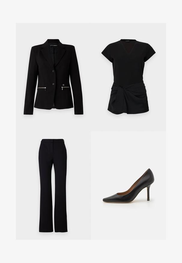 Fekete fazonra szabott blézer egy gombos záródással, ezüst cipzáras zsebekkel és elegáns kivitelezéssel. Simább, tartós anyagból készült.; Fekete ruha V-kivágással, rövid ujjakkal és ráncolt elejével, amelyen egy csomós részlet található. Simaságot tükröző anyag, testhez simuló szabással.; Fekete nadrág egyenes szabással, sima textúrával és egysoros gombos derékpánttal. Nincsenek látható minták vagy díszítések.; Fekete bőr magassarkú pumpa hegyes orral, sima textúrával és karcsú stiletto sarokkal. Finom arany díszítéssel a sarok alapja közelében.
