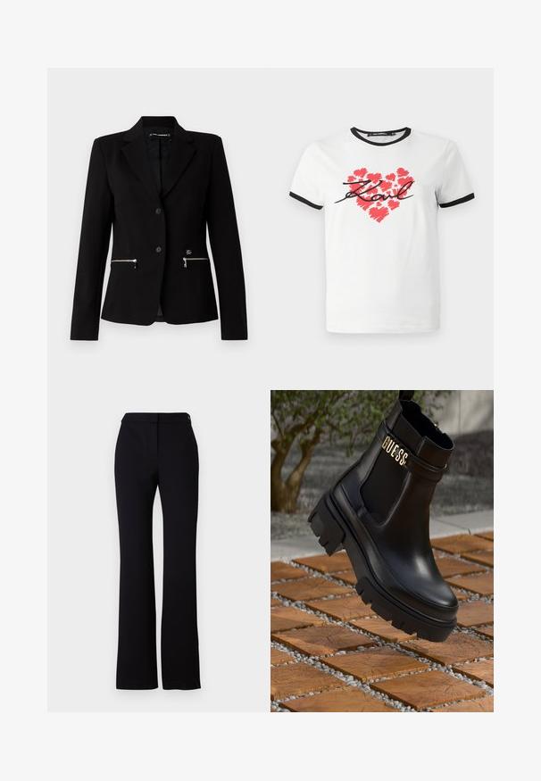 Čierny sakový blejzer s jednočlánkovým zapínaním, striebornými zipsovými vreckami a elegantným dizajnom. Vyrobený z hladkého, pevného materiálu.; Biele bavlnené tričko s čiernym lemovaním, ktoré má červenú srdcovú grafiku vytvorenú štetcom a ručne písaný text "Karl" v čiernej farbe.; Čierne nohavice so strihom do rovna, hladkým povrchom a pásom s jedným gombíkom na zapínanie. Žiadne viditeľné vzory ani akcenty.; Čierne kožené členkové topánky s masívnou gumovou podrážkou, elastickými bočnými panelmi a zlatým akcentom s logom "GUESS".