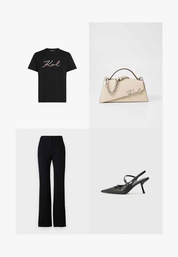 Musthave mustrinda pintsak üheinupulise kinniõmbluse, hõbedaste tõmblukkudega taskute ja voolujoonelise disainiga. Valmistatud siledast ja tugevast kangast.; Must musta T-särk, millel on hõbedane ja punane broderi "Karl" logo. Lühikesed varrukad ja ümar kaelus. Sile tekstuur, regulaarne istuvus.; Mustad püksid, millel on sirge lõige, sile tekstuur ja ühe nupukinnitusega vöökoht. Ei ole nähtavaid mustreid ega aktsente.; Must musta slingback kontsad, terava nina, peenike konts ja dekoratiivne pandla detail peal. Sile tekstuur ja stiilne disain.; Bež nahkplekuga kott, millel on struktureeritud kolmnurkne kuju, hõbedase ahela käepide ja kursiivne metallist logo.