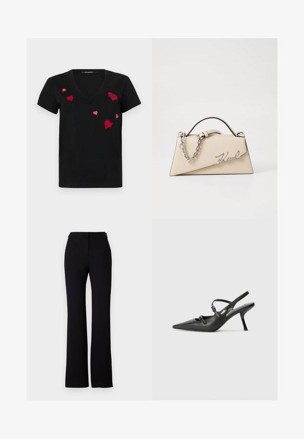 Black tailored blazer with a single-button closure, silver zippered pockets, and a sleek design. Made from a smooth, sturdy fabric.; Black cotton t-shirt with a V-neck and short sleeves, featuring red embroidered shapes scattered on the front.; Black trousers featuring a straight cut, smooth texture, and a waistband with a single button closure. No visible patterns or accents.; Black leather slingback heels with a pointed toe, slender heel, and decorative buckle detail on the vamp. Smooth texture and sleek design.; Beige leather handbag with a structured, triangular shape, featuring a silver chain handle and a cursive logo in metal.