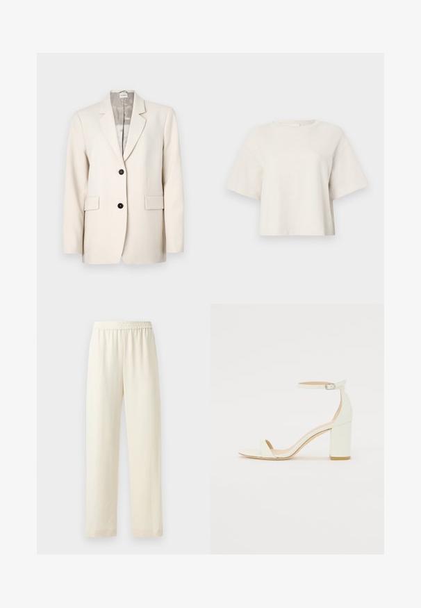 Beige kavaj i slätt tyg, med spetsig krage, två framfickor och två svarta knappar för stängning.; Krämm färgad cropped t-shirt tillverkad i ribbat tyg, med rund halsringning och korta ärmar i avslappnad passform.; Krämfärgade, raka byxor med elastisk midja, slät yta och inga synliga mönster eller hårdvaror.; Vit läder blockklack-sandalett med en ankelrem och spänne samt minimalistisk design. Öppen tå och släta ytor genomgående.