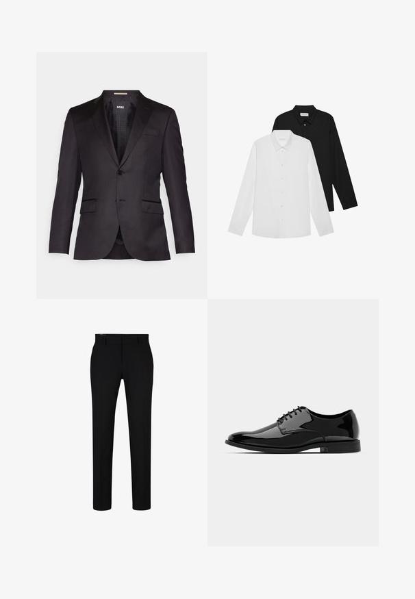 Čierna prispôsobená saková bunda s jedným gombíkom, preloženými klopami, dvoma prednými vreckami a hladkou textúrou. Podšívka s označením značky.; Biele a čierne košele s dlhým rukávom, so špicatým golierom, prednými gombíkmi a hladkou textúrou látky. Štítky sú viditeľné na vnútornej strane goliera.; Čierne nohavice so slim fit strihom, vyrobené z hladkej látky. Majú plochý predný diel, pútka na opasok a ostré záhyby pozdĺž nôh. Nema žiadne viditeľné vrecká.; Čierne lakované kožené topánky s okrúhlou špičkou, šnurovací dizajn a hladký, lesklý povrch. Obsahujú nízky gumový podrážku.