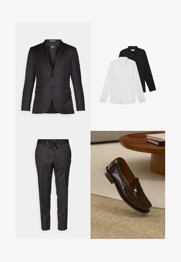 Blazer preto sob medida com um fecho de botão único, lapelas com corte em bico, dois bolsos frontais e uma textura suave. Interior forrado com etiqueta da marca.; Camisas de mangas compridas brancas e pretas com colarinhos pontiagudos, botões frontais e uma textura de tecido suave. Etiquetas visíveis na parte interna do colarinho.; Calças pretas sob medida com um cós elástico, frente pregueada e bainhas viradas. Feitas de um tecido suave com um ajuste estruturado.; Mocassins de couro castanho com um acabamento brilhante, apresentando um detalhe costurado na frente e uma sola de borracha preta de baixo perfil.