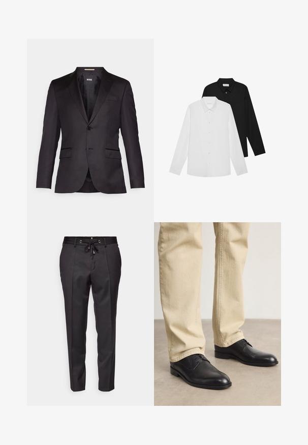 Melns pielāgots uzvalka žakets ar vienu pogu, ar iegrieztām atlokām, divām priekšējām kabatām un gludu tekstūru. Iekšpuse ar oderi un zīmola etiķeti.; Baltas un melns garām piedurknēm krekls ar norādītām apkaklēm, priekšējiem pogām un gludu auduma tekstūru. Etiķetes redzamas iekšējā kakla daļā.; Melnas pielāgotas bikses ar aukliņu jostasvietā, krokām priekšpusē un piegrieztām apakšmalām. Izgatavotas no gludas auduma ar strukturētu piegriezumu.; Melnas ādas kurpes ar auklēm, ar noapaļotu degunu, gludu apdari un smalkiem šuvēm, valkātas ar gaiši bežām biksēm.