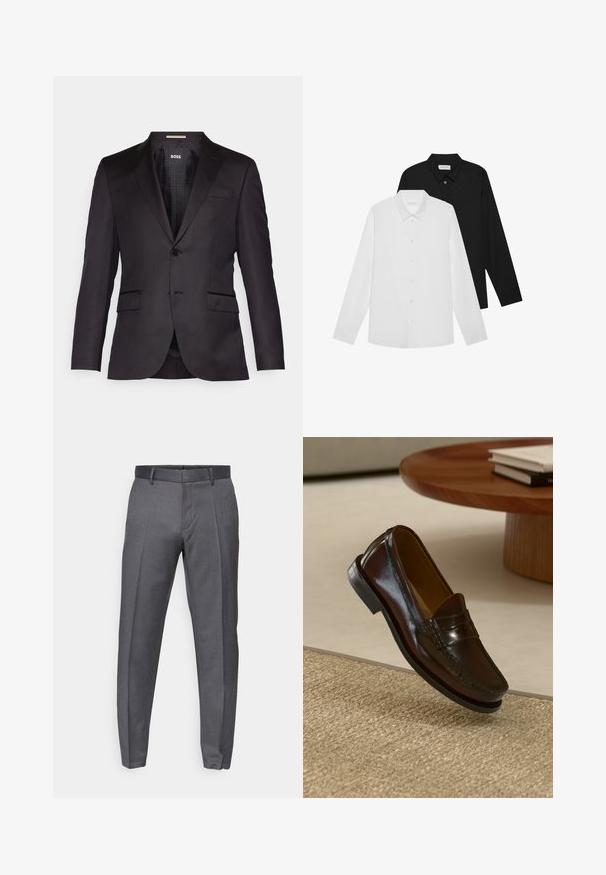 Sacou negru, croiat, cu închidere cu un singur buton, rever înțepător, două buzunare frontale și o textură netedă. Interior căptușit cu eticheta mărcii.; Cămăși cu mâneci lungi, albe și negre, cu guler în vânt, nasturi frontali și o textură a țesăturii netedă. Etichete vizibile pe interiorul gulerului.; Pantaloni gri, croiți la comandă, cu pliuri frontale, confecționați dintr-un material neted. Design ușor, cu un talie standard și fără buzunare vizibile.; Loaferi din piele maro cu un finisaj lucios, având un detaliu cusut în partea din față și o talpă joasă din cauciuc negru.