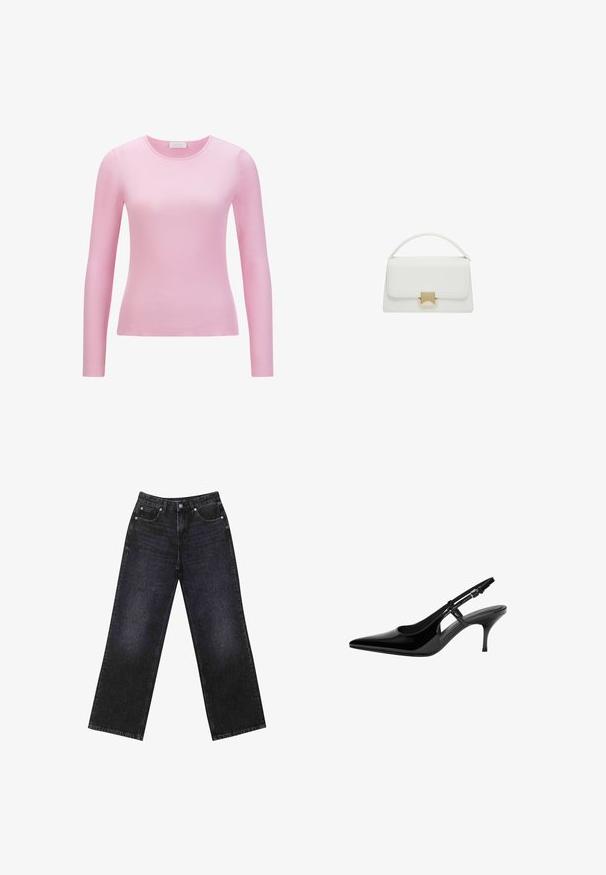 Hellbeige Leinenblazer mit lockerer Passform, Reverskragen, 3/4-Ärmeln und zwei Vordertaschen, der eine strukturierte Oberfläche aufweist.; Rich & Royal Langarmshirt - rose quartz; Hoch taillierte schwarze Jeans aus Denim mit weitem Bein, Fünf-Taschen-Design und sichtbaren Nähten. Der Stoff hat eine glatte, leicht strukturierte Oberfläche.; Schwarze Lackleder-Slingback-Pumpe mit spitzem Zehenbereich, offenen seitlichen Ausschnitten, schlanker Absatz und verstellbarem Knöchelriemen.; Weiße Lederhandtasche mit strukturiertem Design, ausgestattet mit einem oberen Griff und einem goldfarbenen Verschluss. Glatte Textur und minimalistische Akzente.