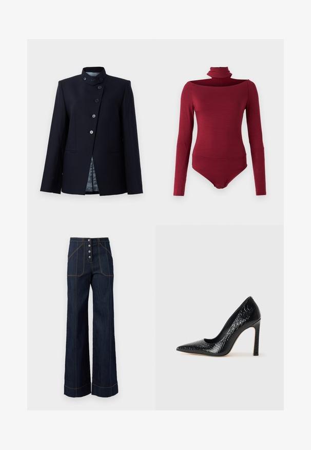 Námornícky blejzer vyrobený z vlnenej zmesi, s vysokým golierom, zapínaním na päť gombíkov a dvoma prednými vreckami. Podšitý vzorovanou tkaninou.; Body s dlhými rukávmi, vysokým golierom a off-shoulder dizajnom v jednoliatej burgundskej farbe. Vyrobené z mäkkej, elastickej látky.; Tmavomodré široké nohavice s vysokým pásom, päť gombíkovým zapínaním vpredu a kontrastným zlatým šitím. Obsahujú veľké predné vrecká.; Čierna lodička s špicatou špičkou a lakovanou textúrou krokodíla, s elegantným dizajnom, vysokým stiletto podpätkom a hladkým čiernym interiérom.