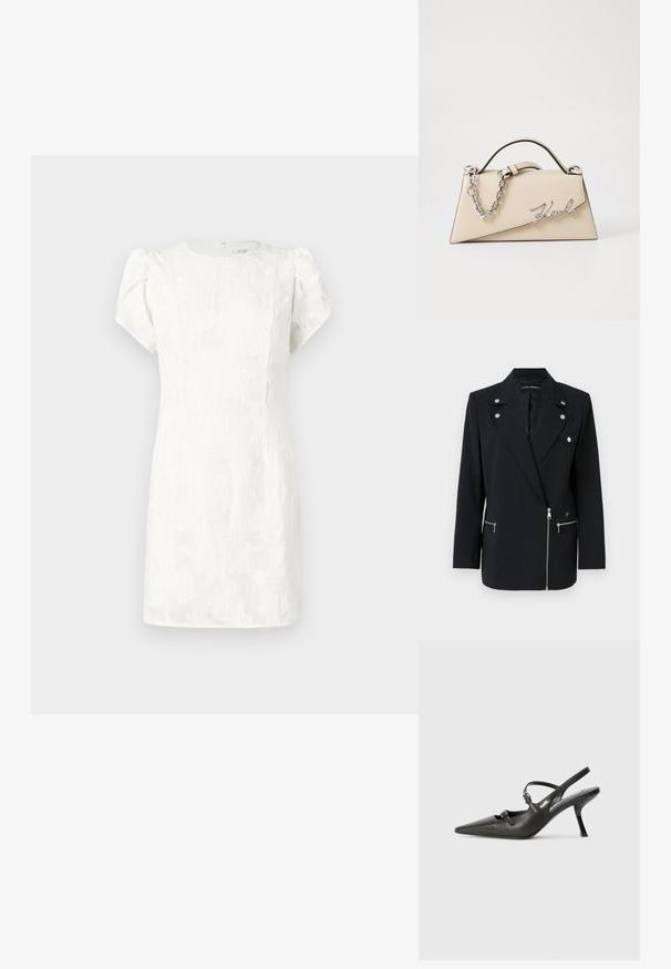 Musta räätälöity bleiseri, jossa on hopeanvärisiä yksityiskohtia, varustettu kauluksella, vetoketjullisilla etutaskuilla ja epäsymmetrisellä muotoilulla.; Valkoinen lyhythihainen mekko, jossa on eläväpintainen kukkakuviointi, vartalonmyötäinen siluetti ja takana piilotettu vetoketju, pehmeillä pömppöhihansuilla.; Mustat nahkaiset slingback-korkokengät, joissa on terävä kärki, hoikka korko ja koristeellinen solkityyny varpailla. Tasainen pinta ja tyylikäs muotoilu.; Käsveska av beige läder med en strukturerad, triangulär form, utformad med ett handtag av silverkedja och en kursiv logotyp i metall.