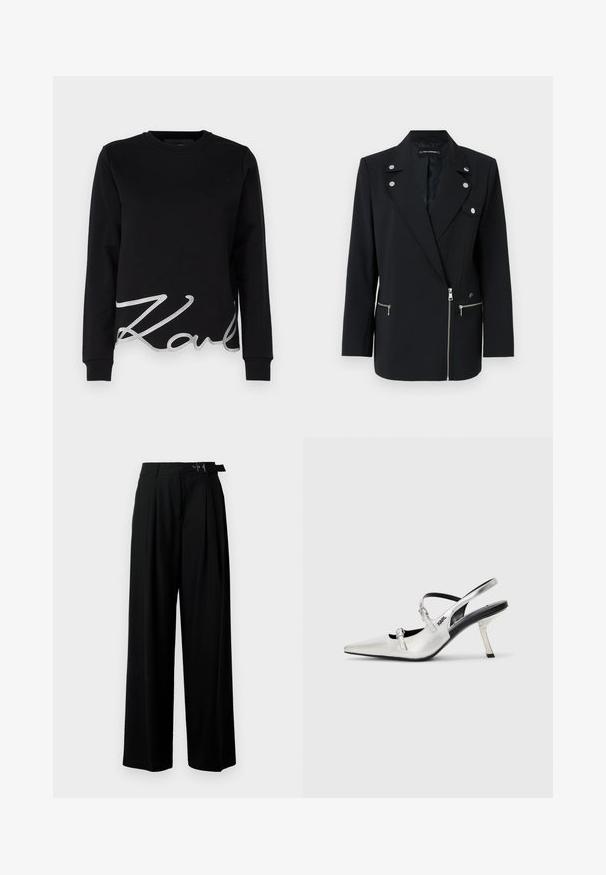 Fekete fazonú blézer ezüst hardware díszítéssel, amely akár nyakkivágással, cipzáras elülső zsebekkel és aszimmetrikus kialakítással rendelkezik.; Fekete pamut pulóver, hosszú ujjal és kerek nyakkivágással. Figyelemre méltó ezüst hímzett "Karl" részlet az alján.; Fekete, bő szárú nadrág magas derékkal, elöl pliszírozva, és csattal ellátott övvel. Simább, könnyű anyagból készült.; Ezüst slingback magasarkú cipők hegyes orral, sima fényes felülettel, vékony sarokkal és dekoratív pánt részletekkel.