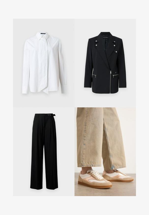 Blazer preto sob medida com detalhes em metal prateado, apresentando um colarinho com entalhe, bolsos frontais com zíper e um design assimétrico.; Camisa branca de botões com mangas longas, apresentando um laço grande no colarinho, feita de um tecido suave com uma textura nítida.; Calças largas pretas de cintura alta, com pregas à frente e um cinto com fivela. Feitas de um tecido liso e leve.; Tênis em tons de bege e creme com um design em camurça e malha, apresentando um fecho com atacadores e solas de borracha, combinados com jeans amplos em tom de bege.