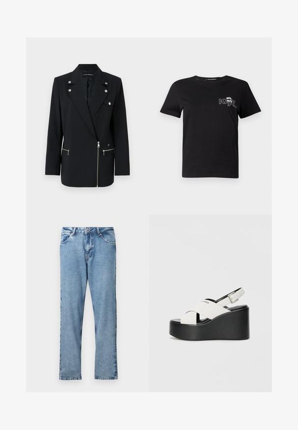 Blazer preto sob medida com detalhes em metal prateado, apresentando um colarinho com entalhe, bolsos frontais com zíper e um design assimétrico.; T-shirt preto de manga curta, feito de algodão. Apresenta uma gráfica branca com o texto "KARL" e uma figura estilizada no peito. Decote redondo.; Calças de ganga azul-claro com design de perna reta, apresentando fecho de correr, cinco bolsos e textura sutilmente desgastada.; Sandálias de plataforma brancas com uma base preta, apresentando um design de tiras cruzadas e fivela ajustável no tornozelo. Textura suave, forma moderna.