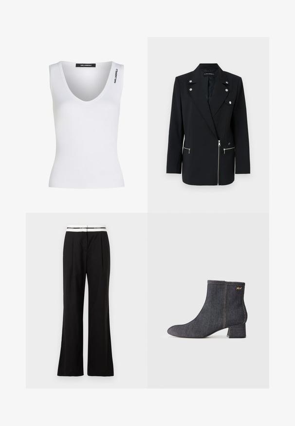 Juodas pritaikytas švarkas su sidabriniais detalių akcentais, turintis įpjautą apykaklę, užtrauktuku užsegamas priekinis kišenes ir asimetrinį dizainą.; Balta be rankovių tankų palaidinė su reljefine tekstūra, turinti gilią V formos iškirptę ir subtilų "Karl Lagerfeld" logotipą ant peties.; Juodos laisvos kelnės su baltu elastingu juosmeniu ir firminių ženklų. Pagamintos iš glotnaus audinio su nedideliu blizgesiu.; Tamsiai mėlyni kulkšnies auliniai batai su smailiu kojų pirštu, blokuotu kulnu, matomu siuvimu ir subtiliu prekės ženklo logotipu šone. Lygus paviršius.