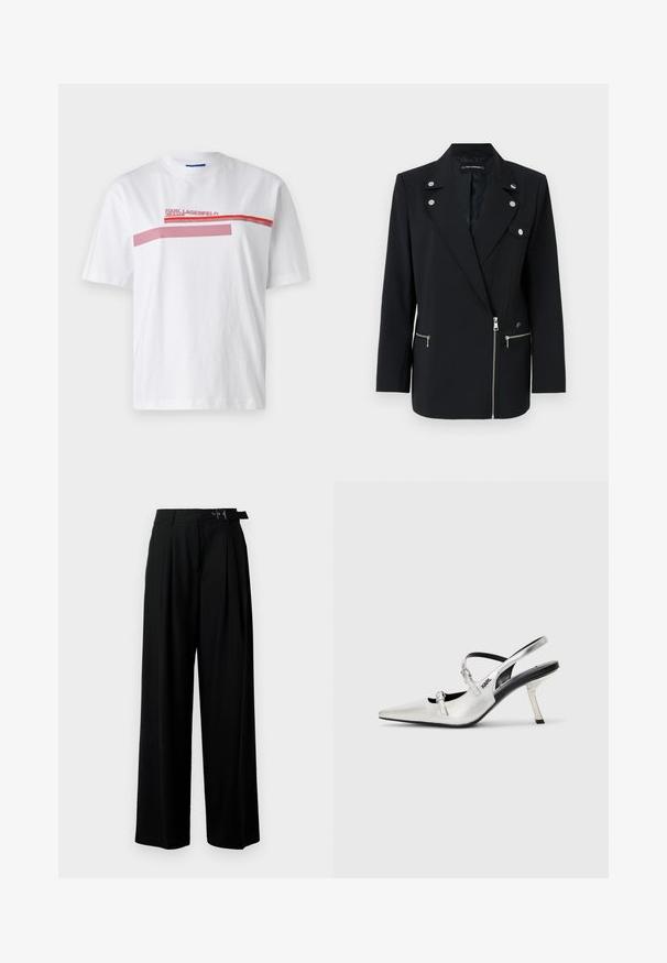Juodas pritaikytas švarkas su sidabriniais detalių akcentais, turintis įpjautą apykaklę, užtrauktuku užsegamas priekinis kišenes ir asimetrinį dizainą.; Balta medvilnė marškinėliai su apvalia kaklo iškirpte, trumpomis rankovėmis ir raudonos bei rožinės spalvos grafika per krūtinę su prekės ženklu.; Juodos plačios kojų kelnės su aukštu liemeniu, priekinėmis klostėmis ir diržu su sagtimi. Pagamintos iš lygaus, lengvo audinio.; Sidabriniai slingback aukštakulniai bateliai su smailiu nosiu, turintys lygaus metalo apdailą, ploną kulną ir dekoratyvinius dirželio elementus.