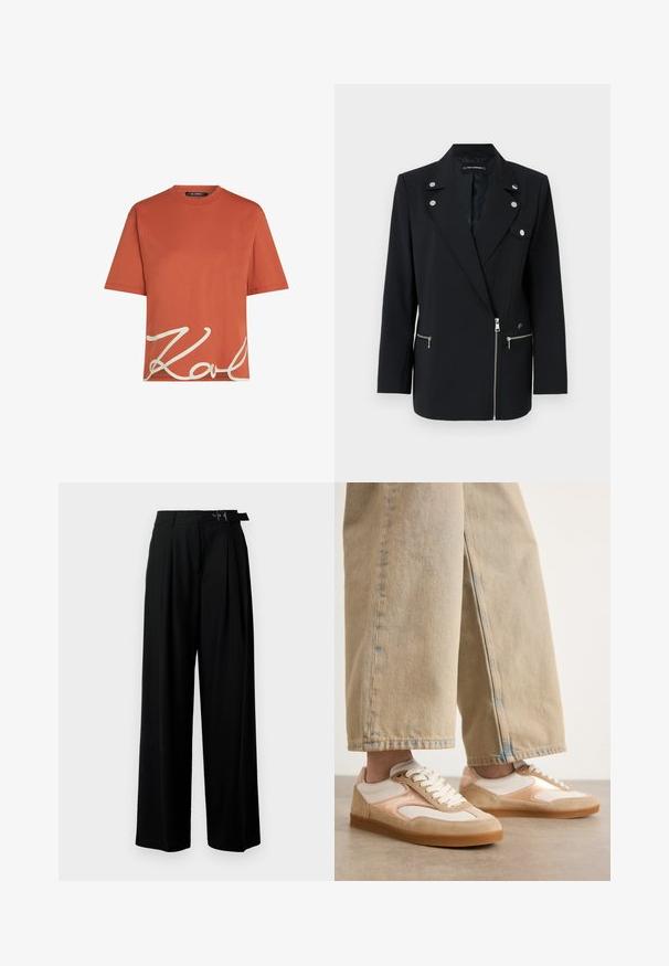 Blazer preto sob medida com detalhes em metal prateado, apresentando um colarinho com entalhe, bolsos frontais com zíper e um design assimétrico.; T-shirt de algodão na cor rust com mangas curtas e decote redondo, apresentando um gráfico branco com a assinatura "Karl" na parte da frente. Textura suave.; Calças largas pretas de cintura alta, com pregas à frente e um cinto com fivela. Feitas de um tecido liso e leve.; Tênis em tons de bege e creme com um design em camurça e malha, apresentando um fecho com atacadores e solas de borracha, combinados com jeans amplos em tom de bege.