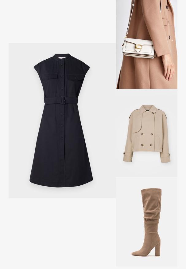 Beige cropped trenchcoat med dobbeltbrystet front, store runde knapper, skulderepauleter og to sidelommer. Glat, letvægtsstof.; Mørkeblå skjortekjole med korte ærmer, belted talje, to brystlommer og frontknaplukning. Glat stof med en skræddersyet pasform.; Anna Field Høje støvler/ Støvler - beige; Hvid læder crossbody taske med en guldspænde, præsenterer et struktureret design, kontrasterende kanter og en tynd justerbar strop.