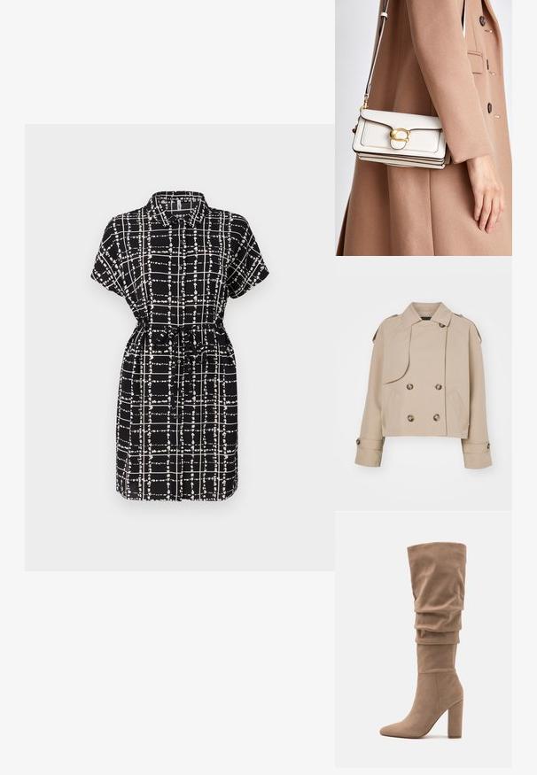 Bežna skrajšana plašč z dvojno zaponko, velikimi okroglimi gumbi, ramenskimi epauleti in dvema stranskima žepoma. Gladek, lahek material.; Kratka črna obleka s kratkimi rokavi in belim karo vzorcem, z ovratnikom, zategnjeno v pasu s trakom in sproščenim krojem.; Anna Field Škornji - beige; Bela usnjena torbica za čez ramo z zlatim zapiranjem, ki ima strukturirano zasnovo, kontrastne robove in tanek nastavljiv trak.