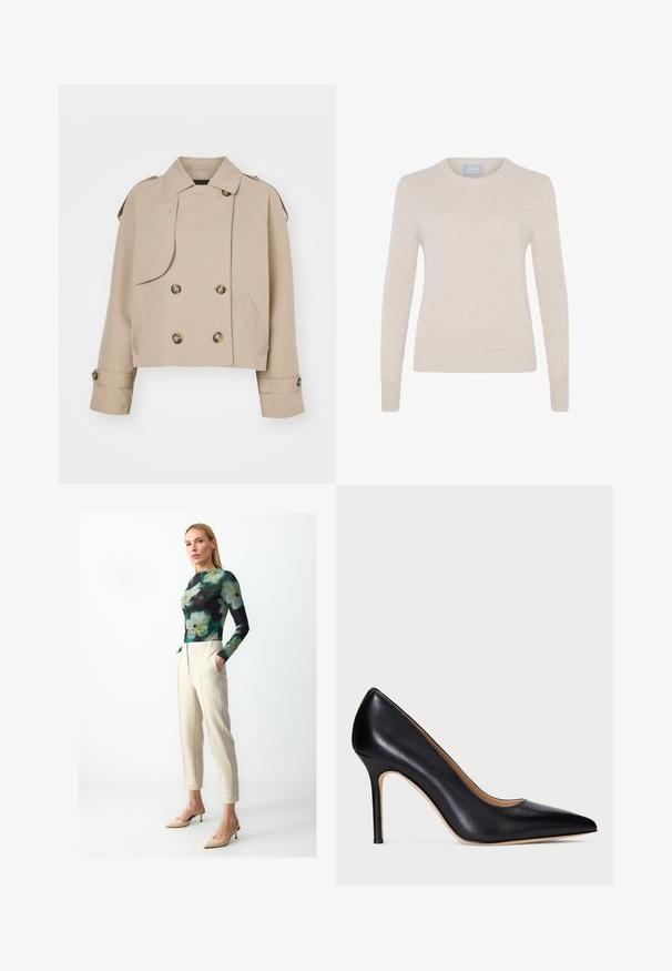 Beige cropped trenchcoat met een dubbel doorgeknoopte voorkant, grote ronde knopen, schouderepauletten en twee zijzakken. Glad, lichtgewicht stof.; Style Republic KASCH-MIR ROUNDNECK JUMPER - Trui - sand; Langemouw T-shirt met een bloemmotief in groen en zwart, gecombineerd met crèmekleurige tapered broek en huidskleurige hakken met een stiletto-ontwerp.; Zwarte leren hoge hakpumps met een spitse neus en een slanke stilettohak. De gladde textuur en minimale details zorgen voor een klassiek ontwerp.