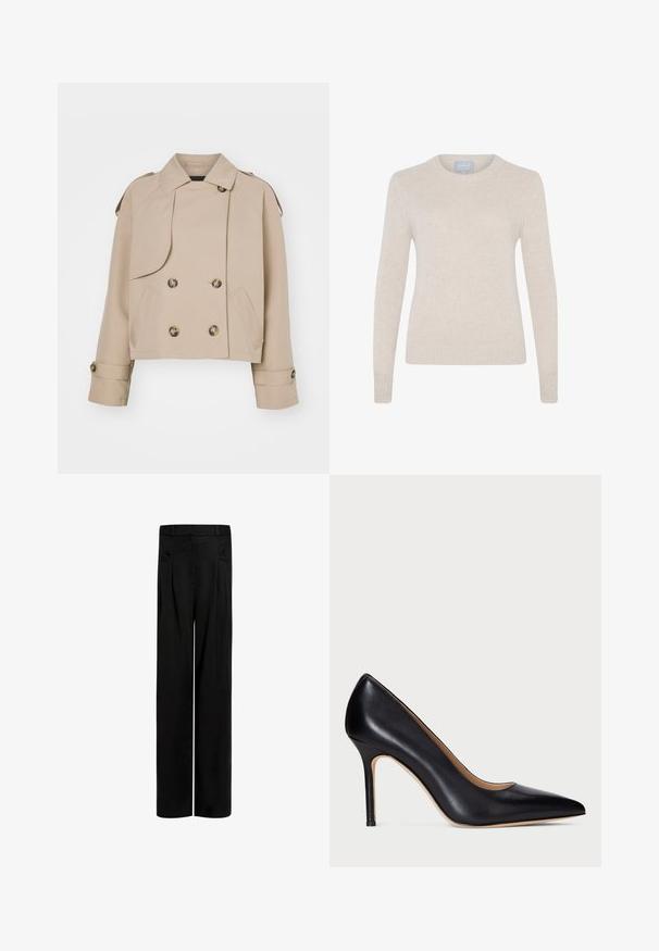 Beige gerade geschnittener Trenchcoat mit doppelter Knopfleiste, großen runden Knöpfen, Schulterepauletten und zwei seitlichen Taschen. Glattes, leichtes Material.; Style Republic PULLOVER - Strickpullover - sand; Schwarze weit geschnittene Hose aus glattem Material mit hoher Taille, zwei seitlichen Taschen und gefälteltem Detail an der Vorderseite für Struktur.; Schwarze Leder-Pumps mit hohem Absatz, spitzem Schuhkopf und schlankem Stiletto-Absatz. Die glatte Textur und die minimalen Details verleihen ein klassisches Design.