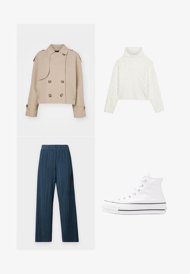 Trench coat cropped beige con chiusura doppiopetto, grandi bottoni rotondi, spalline e due tasche laterali. Tessuto liscio e leggero.; Maglione bianco a collo alto con lavorazione a trecce, caratterizzato da una silhouette cropped e bordi a coste. Texture morbida con un design accogliente e voluminoso.; Pantaloni a gamba larga plissettati di colore blu scuro. Presentano una vita elasticizzata e una texture a righe verticali, realizzati in un tessuto leggero.; Sneaker alta in tela bianca con suola in gomma nera, punta in gomma frontale e sei asole per i lacci, caratterizzata da un design pulito e minimalista.