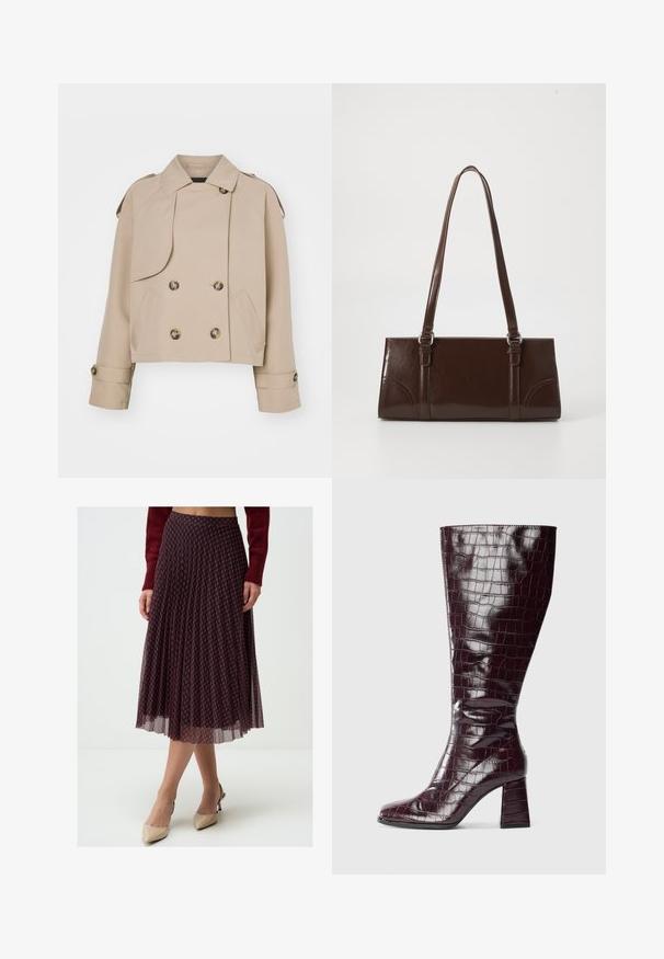 Beige cropped trenchcoat met een dubbel doorgeknoopte voorkant, grote ronde knopen, schouderepauletten en twee zijzakken. Glad, lichtgewicht stof.; Grijze wollen trui met een geribbelde zoom, oversized kraag en drie grote knopen aan de voorkant. Zachte textuur. Casual, relaxte fit.; Plooirok tot op de knie in donkerblauw met een rood diamanten patroon. Gemaakt van lichte stof met een vloeiende uitstraling, de zoom eindigt net onder de knie.; Donker burgundy knie-hoge laars met krokodillenstructuur en blokhak op een witte achtergrond, zijaanzicht weergegeven.; Bruine lakleren handtas met een rechthoekige vorm, twee lange handvatten en subtiele gebogen accenten aan de voorkant.