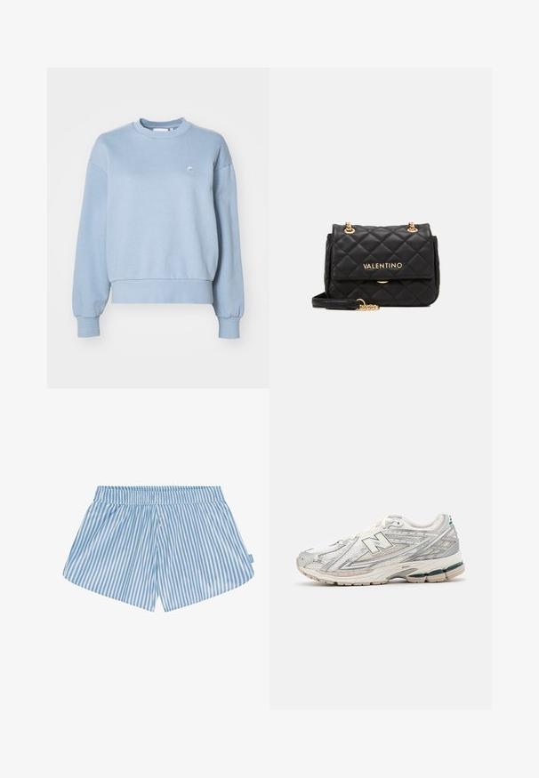 Beige cropped trenchcoat med dobbeltradet front, store runde knapper, skulderepauletter og to sidelommer. Glatt, lett materiale.; Carhartt WIP CASEY - Sweatshirt - frosted blue/silver; Blå og hvite stripete shortser med elastisk midje, to knapper foran, og en avslappet passform. Stoffet ser glatt ut med en lett tekstur.; Løpeskoen har en sølv- og hvit mesh-overdel med grønn aksent. Sålen er tykk og teksturert, designet for demping og støtte.; Svart, kviltet skinnhåndveske med gullfarget detaljer, med en frontklaff, kjede- og lærrem, og logo preget på forsiden.