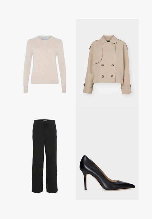 Beige cropped trench coat with double-breasted front, large round buttons, shoulder epaulets, and two side pockets. Smooth, lightweight fabric.; Style Republic KASCH-MIR ROUNDNECK JUMPER - Jumper - sand; Black pinstriped wide-leg trousers with a flat waistband and belt loops, made from woven fabric, featuring vertical stripes in a contrasting color.; Black leather high heel pump with a pointed toe and a slender stiletto heel. Smooth texture and minimal detailing create a classic design.