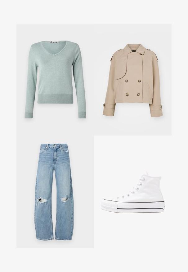 Manteau trench court beige avec un devant croisé, de grands boutons ronds, des épaulettes et deux poches latérales. Tissu lisse et léger.; Pull vert clair en v, fabriqué en matière tricotée douce et côtelée. Il présente des manches longues et un ourlet ajusté, avec une texture subtile sur toute sa surface.; Jeans en denim bleu clair à taille haute. Présentent des jambes larges, deux zones déchirées aux genoux et un style classique à cinq poches.; Baskets montantes en toile blanche avec semelle en caoutchouc noir, capuchon en caoutchouc à l'avant, et six œillets pour les lacets, présentant un design épuré et minimaliste.