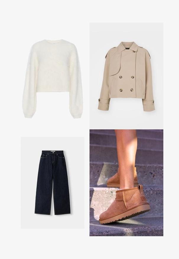 Bežna skrajšana plašč z dvojno zaponko, velikimi okroglimi gumbi, ramenskimi epauleti in dvema stranskima žepoma. Gladek, lahek material.; Gestuz SABI - Pulover - egret; Temno modri široki jeans z visokim pasom, petimi žepi, kontrastnim šivanjem in srebrnim kovinskim okovjem. Gladka tekstura in čista končna obdelava.; Svetlosive nobuck gležnjarji z mehko teksturo, všitimi detajli in gumijastim podplatom, z zanko na peti za enostavno obuvanje.