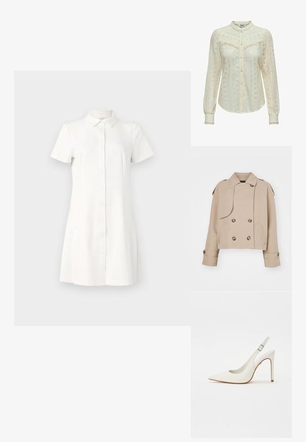 Béžový zkrácený trenčkot s dvojitým zapínáním vpředu, velkými kulatými knoflíky, ramenními epauletami a dvěma bočními kapsami. Hladká, lehká tkanina.; Krajková halenka v off-white barvě s náročnými vzory, dlouhými rukávy, zapínáním na knoflíky a mandarínským límcem. Jemný pás na manžetách.; Šaty s krátkým rukávem, na knoflíky, vyrobené z bílé látky. Mají límeček, rozšířený spodní lem a dvě postranní kapsy. Hladká textura s klasickým designem.; Bílé lodičky se špičatou špičkou a slingback designem vyrobené z hladké kůže, se štíhlým vysokým podpatkem a nastavitelným řemínkem zapínaným na přezku. Otevřená zadní část.; Bílá kožená kabelka se zlatou kovovou sponou, přední klopou a černými okraji, s řetízkem, který se nosí křížem přes tělo, na světle modrém tričku.