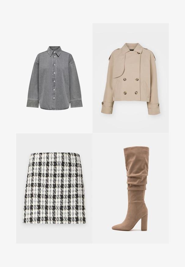 Trench coat cropped beige con chiusura doppiopetto, grandi bottoni rotondi, spalline e due tasche laterali. Tessuto liscio e leggero.; Camicia in denim grigia con design a bottoni sul davanti, colletto classico e maniche lunghe con polsini. Tessuto morbido e vestibilità rilassata.; Gonna a quadri bianco e nero realizzata in tessuto testurizzato, caratterizzata da un design strutturato con una linea dritta e minimalismo nei dettagli.; Anna Field Stivali alti - beige