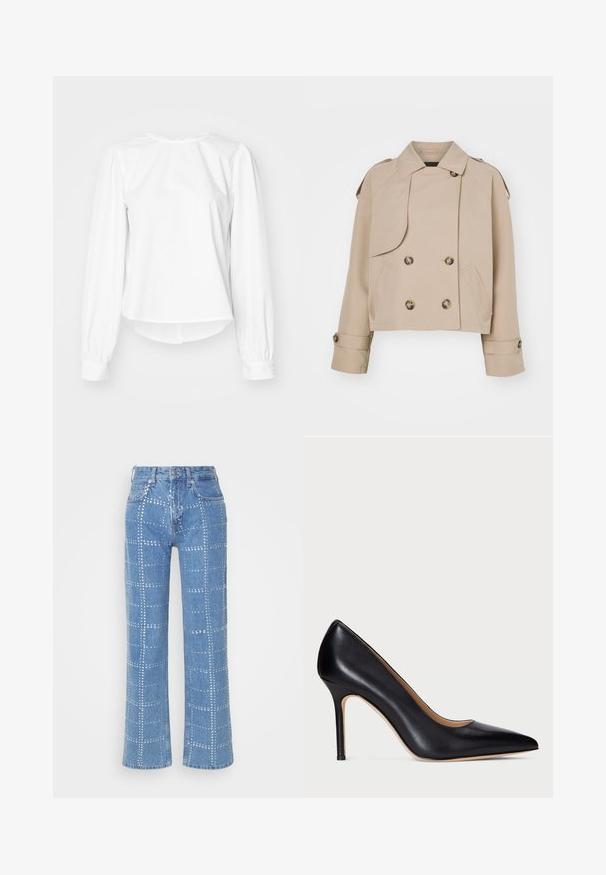 Bēšas krītošs tranšejas mētis ar divkrāsu priekšpusi, lieliem apaļiem pogām, plecu epauletiem un divām sānu kabatām. Gluds, viegls audums.; Balta garo piedurkņu blūze ar brīvu piegriezumu, ar pūkainām piedurknēm, noapaļotu kakla izgriezumu un pogāmiem aproces galiem. Līdzena, kraukšķīga tekstūra.; Gai zilo denimu bikses ar taisnu kāju griezumu, ar sudraba kniedēm izveidotu režģa rakstu un klasisku piecu kabatu dizainu.; Melnas ādas augstpapēžu kurpes ar smailu purngalu un slaidu stiletto papēdi. Gluda tekstūra un minimāls iekārtojums veido klasisku dizainu.