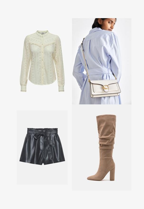 Beige cropped trenchcoat met een dubbel doorgeknoopte voorkant, grote ronde knopen, schouderepauletten en twee zijzakken. Glad, lichtgewicht stof.; Kanten blouse in off-white met ingewikkelde patronen, lange mouwen, een knoopsluiting aan de voorkant en een Chinese kraag. Fijne afwerking bij de manchetten.; Zwarte leren broekjes met een hoge taille, elastische band, verwijderbare strikriem en een gladde textuur. Heeft een vlakke voorkant en zijzakken.; Anna Field Laarzen - beige; Witte leren Handtas met gouden hardware, een voorflap en zwarte rand, voorzien van een schouderband die crossbody wordt gedragen tegen een lichtblauw shirt.