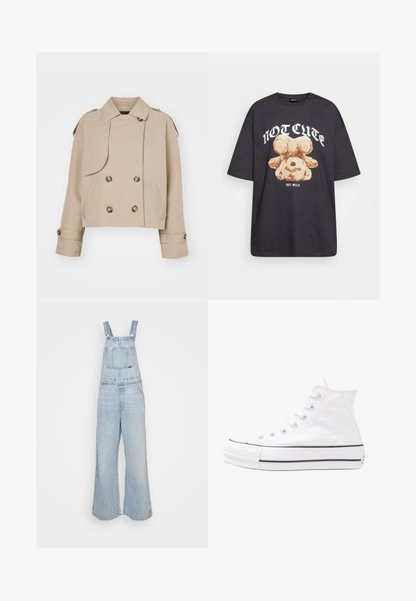 Beige lühike trench coat kahe rea nupudega, suurte ümmarguste nuppudega, õlavarre epaulettide ja kahe küljetaskuga. Sile ja kerge kangas.; Musthave musta t-särk, millel on karu graafika ja tekst "EI NII NÄDALA, KUID MÄRG" paksult valgete tähtedega. Puuvillane materjal.; Heledad sinine denim üleüldise riidekuue laiad jalad, reguleeritavad rihmad, eesmine tasku ja küljetaskud. Karm tekstuur üle kogu pinna.; Valge kõrgem kangast tenniseking, millel on must kummist tald, ees kummist varvasetugi ja kuus aukku paelte jaoks, pakkudes puhta ja minimalistliku disaini.