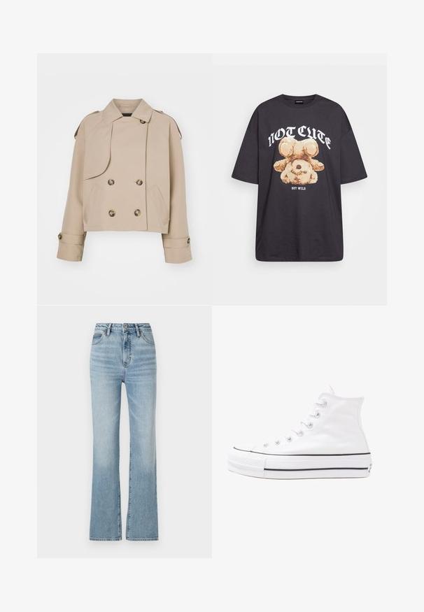 Beige lühike trench coat kahe rea nupudega, suurte ümmarguste nuppudega, õlavarre epaulettide ja kahe küljetaskuga. Sile ja kerge kangas.; Musthave musta t-särk, millel on karu graafika ja tekst "EI NII NÄDALA, KUID MÄRG" paksult valgete tähtedega. Puuvillane materjal.; Heledad sinine kõrge vöökohtadega teksapüksid, mis on valmistatud denimist, sirge säärekujuga, viie taskuga disainiga ja kergelt kulunud detailidega reite juures.; Valge kõrgem kangast tenniseking, millel on must kummist tald, ees kummist varvasetugi ja kuus aukku paelte jaoks, pakkudes puhta ja minimalistliku disaini.