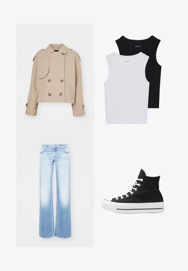 Beige lühike trench coat kahe rea nupudega, suurte ümmarguste nuppudega, õlavarre epaulettide ja kahe küljetaskuga. Sile ja kerge kangas.; Kaks lühikeste varrukateta toppi mustas ja valges, valmistatud ribakudumist, ümarate kaelustega ja sobiva disainiga. Mõlemal on nähtavad sildid.; Heledad sinine denim flared teksad järkjärgulise pleekimisega. Omab klassikalist viit tasku ning metallist nööp sulgemiseks vöökohtadel.; Kõrge must kangast spordijalats valgete silmade, paelte ja kummitaldiga. Omab tekstuuriga varbakatet ja musta-valge triibuga aktsente.