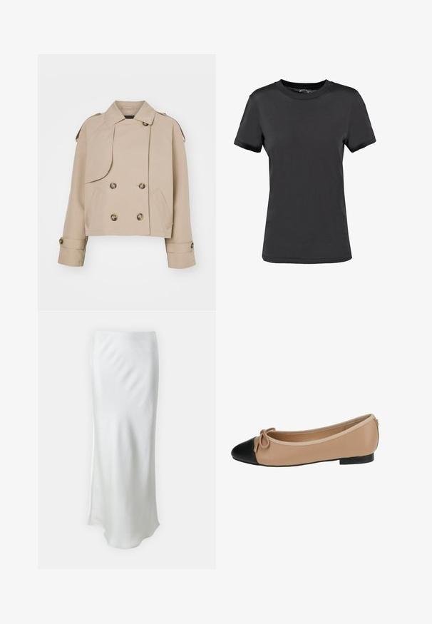 Beige cropped trenchcoat med dobbeltradet front, store runde knapper, skulderepauletter og to sidelommer. Glatt, lett materiale.; Svart kortermet t-skjorte laget av glatt stoff. Har rund hals uten synlige mønstre eller detaljer, og tilbyr et enkelt design.; Samsøe Samsøe AGNETA SKIRT - A-line skjørt - solitary star; Ballettleilighet i beiges skinn med svart tupp. Har en frontsløyfe og en glatt tekstur. Lav profil-design med gummisåle.