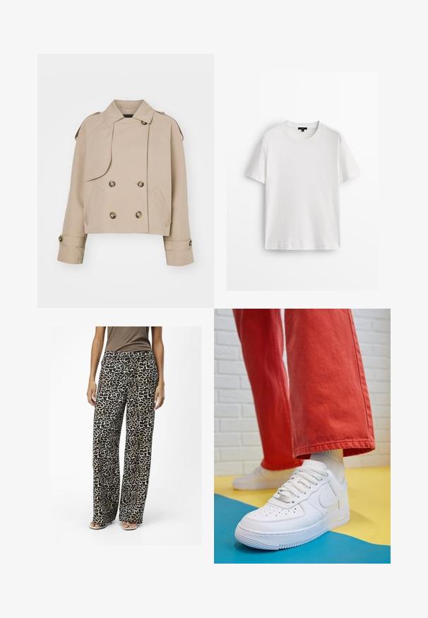 Beige gerade geschnittener Trenchcoat mit doppelter Knopfleiste, großen runden Knöpfen, Schulterepauletten und zwei seitlichen Taschen. Glattes, leichtes Material.; Weißes Baumwoll-T-Shirt mit kurzen Ärmeln, Rundhalsausschnitt und lockerer Passform. Glatte Textur und schlichtes Design, keine Muster oder Akzente.; Leopardenmusterweite Hosen aus weichem Material, in Schwarz und Beige, mit lockerer Passform und dezenten seitlichen Taschen.; Weiße Leder-Sneaker mit perforiertem Zehenbereich, strukturiertem Sohlen und weißen Schnürsenkeln, kombiniert mit weiten roten Hosen und einem blauen und gelben Hintergrund.