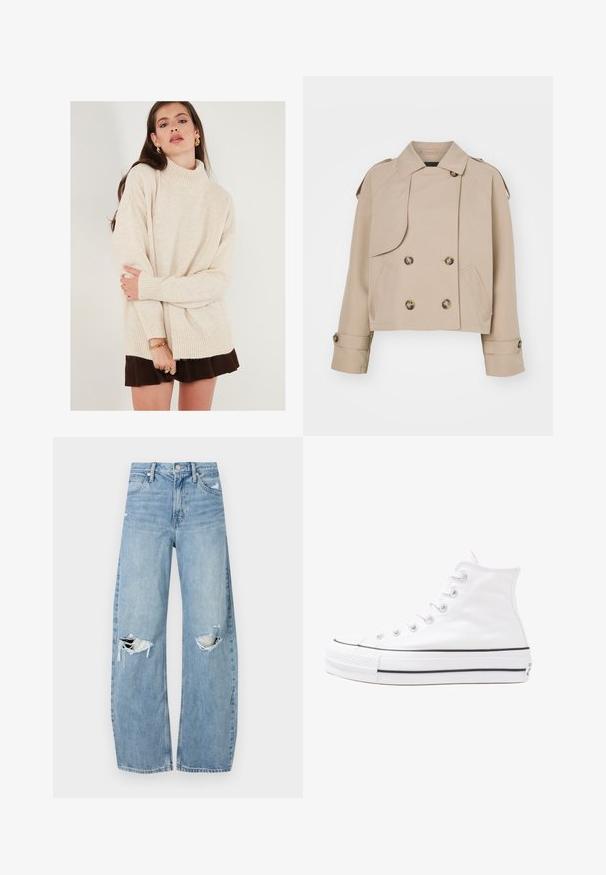 Beige cropped trenchcoat met een dubbel doorgeknoopte voorkant, grote ronde knopen, schouderepauletten en twee zijzakken. Glad, lichtgewicht stof.; Beige trui met een hoge hals, geribbelde boorden en zoom. Oversized pasvorm met een zachte textuur. Gecombineerd met een bruine rok.; Lichtblauwe, hooggeritste jeans van denim. Beschikken over wijde pijpen, twee gescheurde knievalken en klassieke vijfzakken styling.; Witte high-top canvas sneakers met een zwarte rubberen zool, een rubberen neuskap aan de voorkant en zes gaatjes voor veters, met een schone, minimalistische uitstraling.