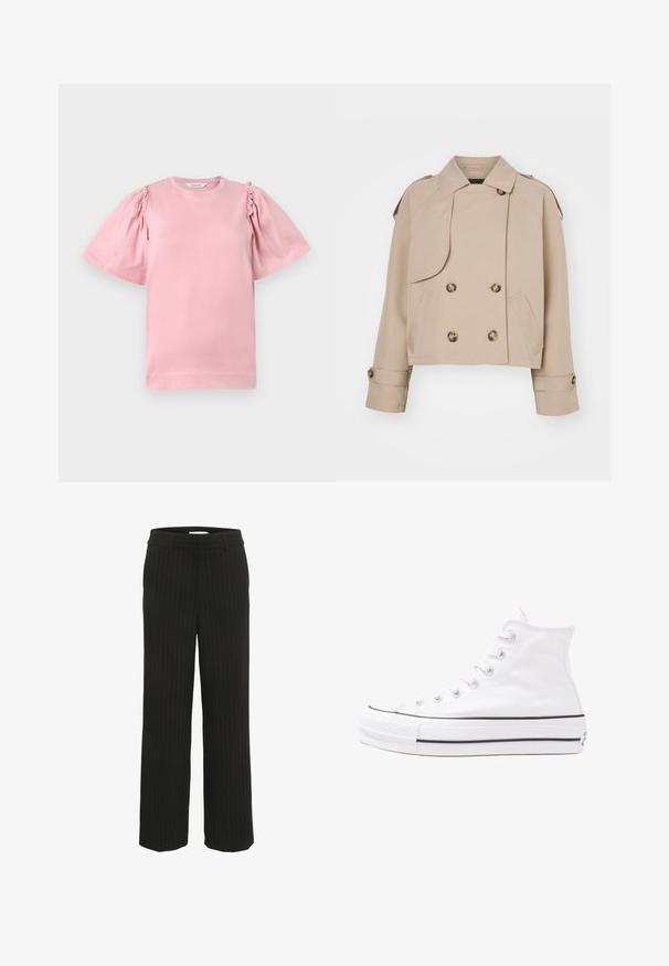 Bežna skrajšana plašč z dvojno zaponko, velikimi okroglimi gumbi, ramenskimi epauleti in dvema stranskima žepoma. Gladek, lahek material.; Roza bombažna majica s kratkimi naborkastimi rokavi in z nabranimi detajli na ramenih. Klasičen kroj s krožnim izrezom in raven rob. Mehka tekstura.; Črne široke hlače s črtami in ravnim pasom ter zankami za pas, narejene iz tkanine, s poudarjenimi vertikalnimi črtami v kontrastni barvi.; Beli visoki platneni športni čevelj z črnim gumijastim podplatom, sprednjim gumijastim zaščitnikom za prste in šestimi luknjicami za vezalke, ki se ponaša s preprostim, minimalističnim dizajnom.