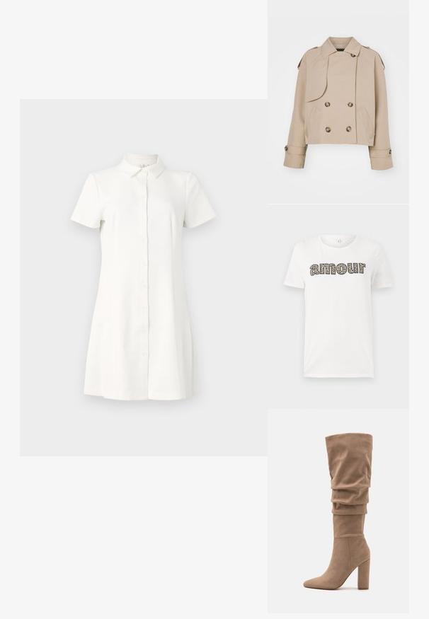 Bežna skrajšana plašč z dvojno zaponko, velikimi okroglimi gumbi, ramenskimi epauleti in dvema stranskima žepoma. Gladek, lahek material.; Bela bomba iz bombaža z napisom "amour" v leopardskem vzorcu. Kratki rokavi in okrogli ovratnik. Lahka in sproščena prilegajoča se oblačila.; Kratke rokave, oblačilo s gumbi iz belega blaga. Ima ovratnik, razširjen rob in dva stranska žepa. Gladka tekstura s klasičnim dizajnom.; Anna Field Škornji - beige; Bela usnjena torbica za čez ramo z zlatim zapiranjem, ki ima strukturirano zasnovo, kontrastne robove in tanek nastavljiv trak.