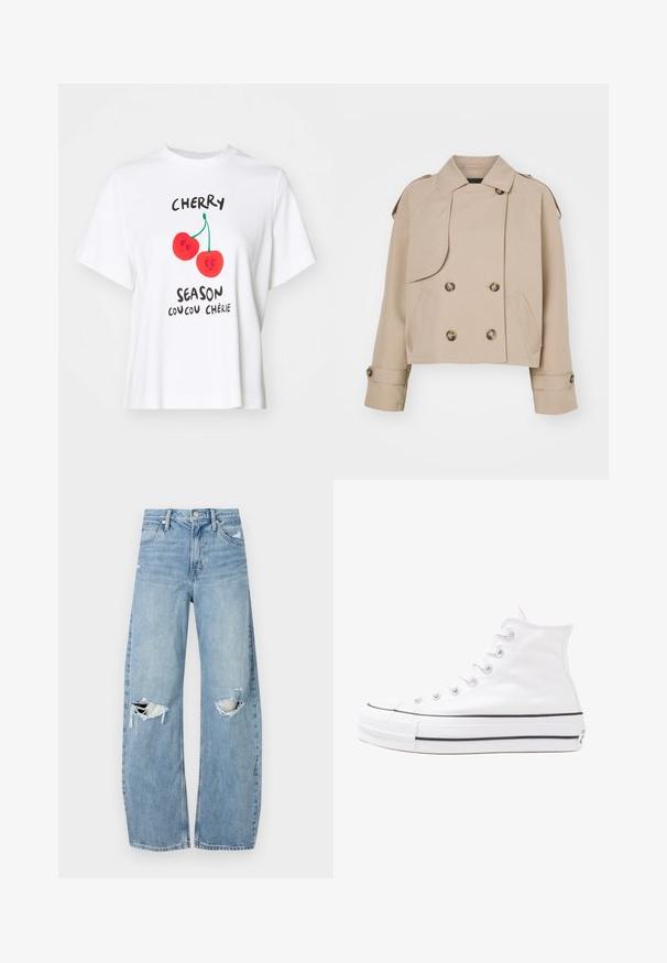 Beige cropped trenchcoat med dobbeltbrystet front, store runde knapper, skulderepauleter og to sidelommer. Glat, letvægtsstof.; Hvid bomulds t-shirt med et grafisk design af to røde kirsebær med ansigtsudtryk og teksten "CHERRY SEASON COUCOU CHÉRIE."; Lysblå, højtraljede jeans lavet af denim. Har brede ben, to huller ved knæene og klassisk fem-lommes stil.; Hvide høje kanvas sneakers med sort gummisål, gummitåhætte foran og seks øjehuller til snørebånd, der har et rent, minimalistisk design.