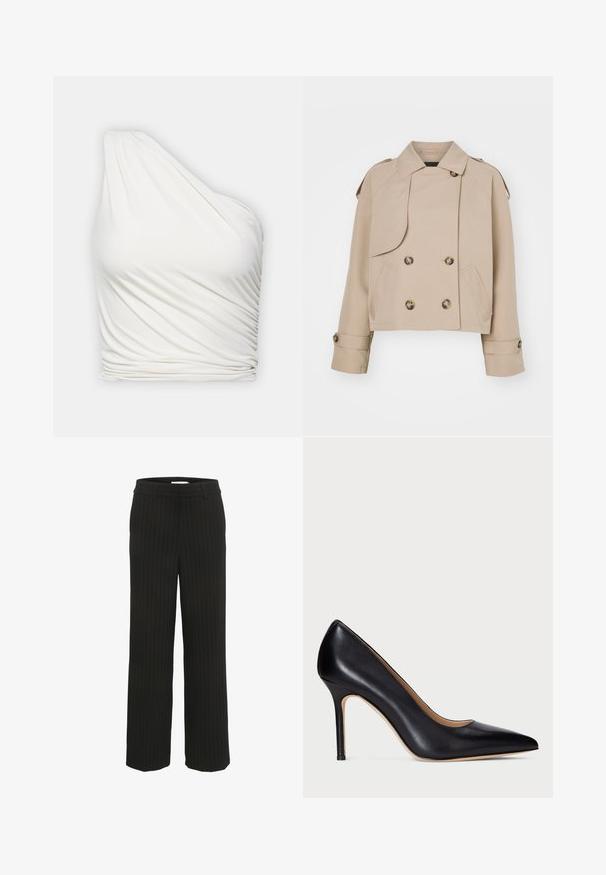 Bežna skrajšana plašč z dvojno zaponko, velikimi okroglimi gumbi, ramenskimi epauleti in dvema stranskima žepoma. Gladek, lahek material.; Eno-rameni bela bluzica iz lahkotnega, drapiranega materiala. Ima naguban učinek na strani in gladko, tekočo zasnovo.; Črne široke hlače s črtami in ravnim pasom ter zankami za pas, narejene iz tkanine, s poudarjenimi vertikalnimi črtami v kontrastni barvi.; Črne usnjene visoke pete s koničastim nosom in tankim stiletto peto. Gladka tekstura in minimalne podrobnosti ustvarjajo klasičen dizajn.