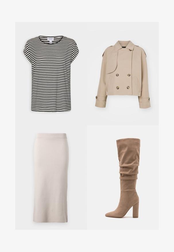 Beige gerade geschnittener Trenchcoat mit doppelter Knopfleiste, großen runden Knöpfen, Schulterepauletten und zwei seitlichen Taschen. Glattes, leichtes Material.; Schwarz-weißer gestreifter Kurzarm-T-Shirt mit Rundhalsausschnitt, lockerer Passform und weichem Baumwollstoff.; Strick-Bleistiftrock in einem hellbeigen Farbton, ausgestattet mit einem gerippten Bund, schmaler Passform und seitlichem Schlitz für mehr Bewegungsfreiheit. Weiche Textur, minimalistisches Design.; Anna Field Stiefel - beige