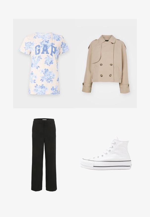 Beige lühike trench coat kahe rea nupudega, suurte ümmarguste nuppudega, õlavarre epaulettide ja kahe küljetaskuga. Sile ja kerge kangas.; Helebeež t-särk, millel on sinine lilleline muster ja suur sinine "GAP" logo ees. Lühikesed varrukad ja klassikaline ümar kaelus.; Musternahkidega laiad püksid mustvalge triibuga, tasasest vööst ja vöökooldega, valmistatud kudumiskangast, millel on vertikaalsed triibud kontrastsetes värvides.; Valge kõrgem kangast tenniseking, millel on must kummist tald, ees kummist varvasetugi ja kuus aukku paelte jaoks, pakkudes puhta ja minimalistliku disaini.