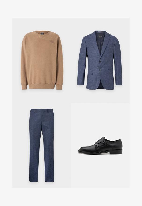 Námorně modrý blazer z texturované tkaniny, jednobarevný s dvěma předními knoflíky, klopovými límci a postranními kapsami. Podšívkový interiér.; Hnědá mikina s kulatým výstřihem vyrobená z měkkého materiálu. Obsahuje žebrované manžety a lem, s malou nášivkou loga na hrudi. Hladká textura.; Bílá košile s dlouhým rukávem vyrobená z bavlny, s klasickým límcem, předními knoflíky a minimálním detailem šití.; Námořnické modré kalhoty vyrobené z texturované tkaniny, s rovnými nohavicemi, plochým předním dílem a dvěma bočními kapsami. Žádné viditelné vzory ani akcenty.; Černé kožené společenské boty s dvojitými sponami, elegantní silueta a kulatá špička. Mají nízký podpatek a hladký povrch.