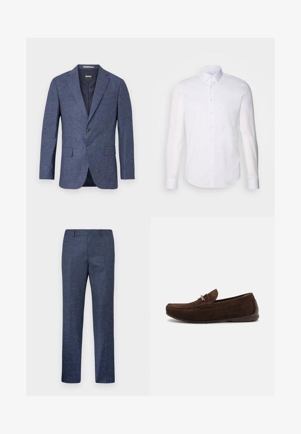 Sötétkék blézer texturált anyagból, egysoros, két elülső gombbal, hajtókás gallérral és oldalsó zsebekkel. Bélelt belső rész.; Fehér, hosszú ujjú, gombos ing, pamutból készült, klasszikus gallérral, elöl gombokkal és minimalista varrási részletekkel.; Tengerészeti kék nadrág, texturált anyagból készült, egyenes szárakkal, lapos elülső résszel és két oldalzsebbel. Nincsenek látható minták vagy díszítések.; Barna velúr lófaragók, varrott mintázattal, finom textúrával, kerek orral és ezüst hardware díszítéssel. Alacsony gumi talp a kényelem érdekében.