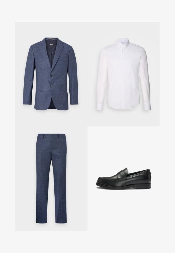 Navy blue blazer in textured fabric, single-breasted with two front buttons, notch lapels, and side pockets. Lined interior.; White long-sleeve button-up shirt made from cotton, featuring a classic collar, front buttons, and minimal stitching detail.; Navy blue trousers made from a textured fabric, featuring straight legs, a flat front, and two side pockets. No visible patterns or accents.; Black leather loafers with a rounded toe and stitched detailing, featuring a decorative strap across the upper and a low heel.