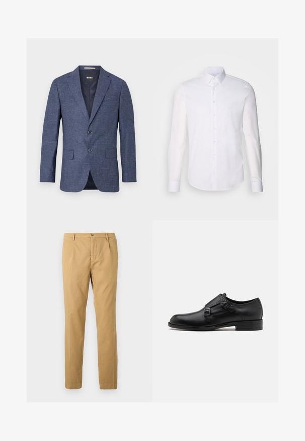 Blazer bleu marine en tissu texturé, à un boutonnage avec deux boutons à l'avant, revers en pointe et poches latérales. Intérieur doublé.; Chemise blanche à manches longues en coton, dotée d'un col classique, de boutons à l'avant et de détails de couture minimalistes.; Pantalons en coton beige avec une coupe droite, dotés d'une fermeture éclair et d'un bouton, ainsi que de poches à l'avant et à l'arrière.; Chaussure habillée en cuir noir avec double boucle, silhouette élégante et bout rond. Dispose d'un petit talon et d'une texture lisse.