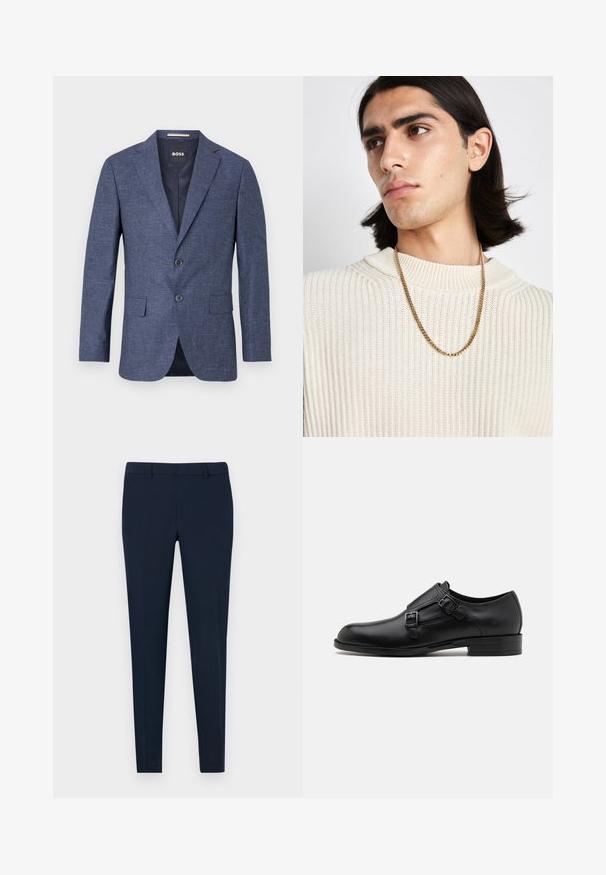 Sötétkék blézer texturált anyagból, egysoros, két elülső gombbal, hajtókás gallérral és oldalsó zsebekkel. Bélelt belső rész.; Fehér, hosszú ujjú, gombos ing, pamutból készült, klasszikus gallérral, elöl gombokkal és minimalista varrási részletekkel.; Sötétkék, testre szabott, karcsú szabással készült nadrág, sima anyagból, lapos elülső résszel és övhurkokkal. Nincsenek látható minták vagy díszítések.; Fekete bőrcipő, dupla csattal, letisztult sziluettel és kerek orral. Alacsony sarka és sima felülete van.; Aranylánc nyaklánc egy krém színű bordázott kötött pulóver fölött; puha textúra, magas gallér és finom minta a szövetben.
